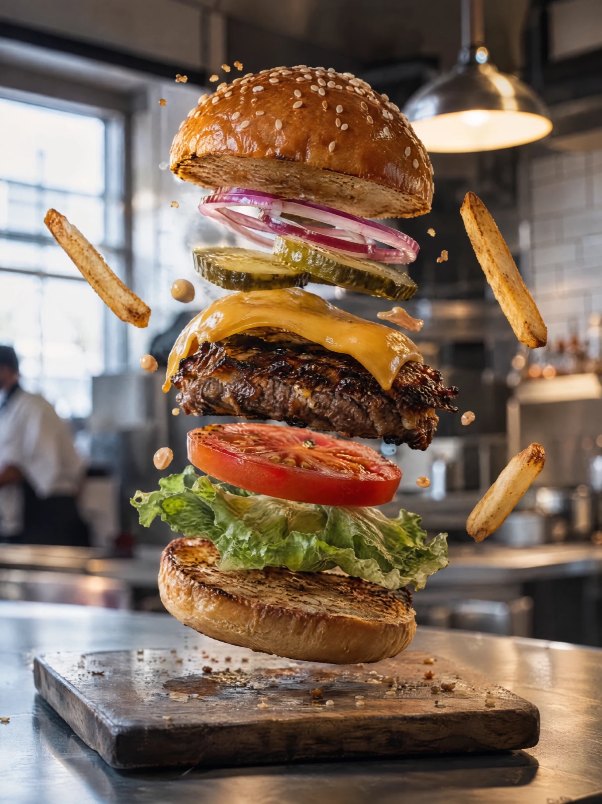 Un cheeseburger démonté flotte au-dessus de sa planche dans la cuisine d’un restaurant, chaque ingrédient suspendu, image générée par IA