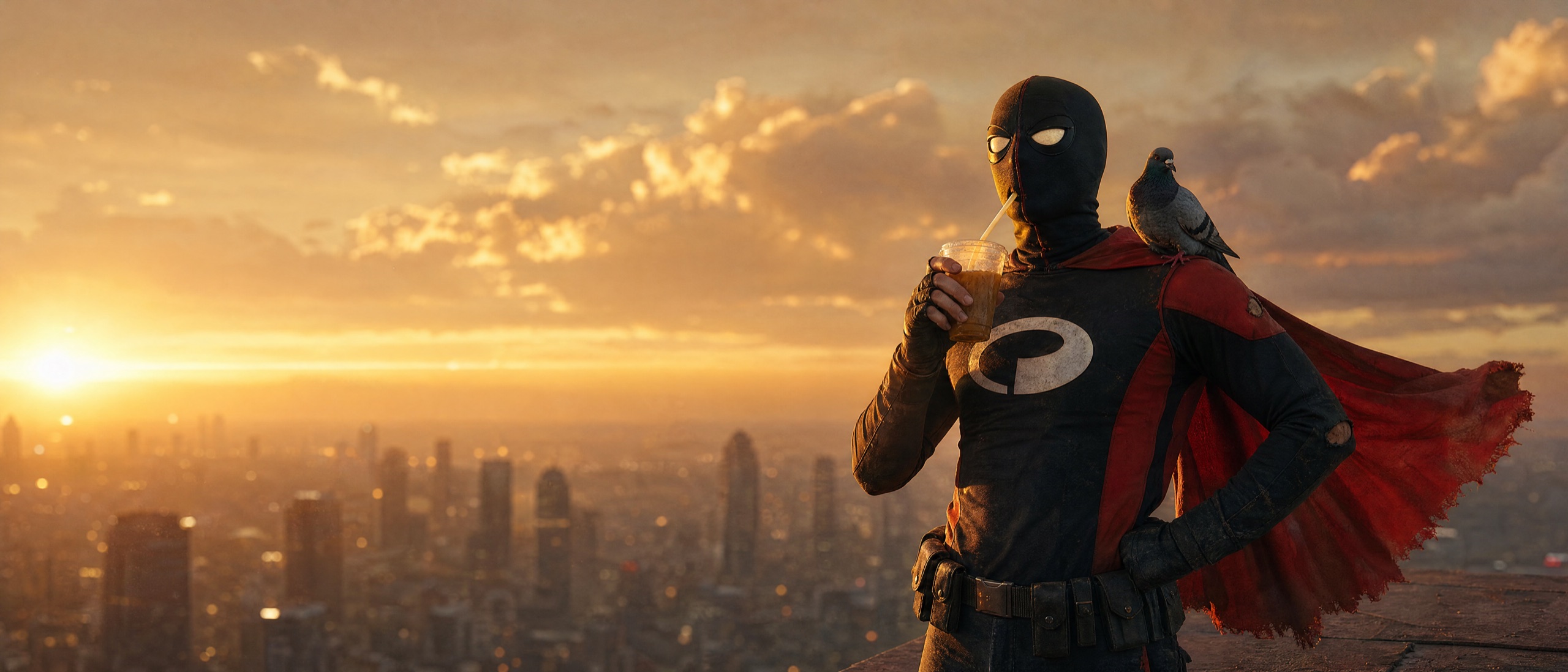 Un super-héros masqué en costume Pulsar, le poing sur la hanche, sirote un café glacé sur un toit au coucher du soleil, un pigeon sur l’épaule.
